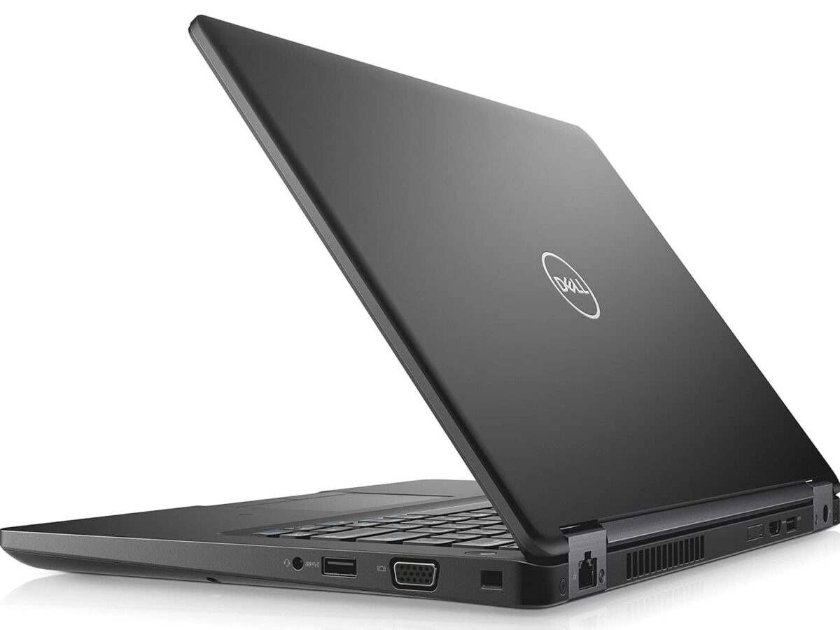 Alt text: "Dell Latitude E5470 fully open, showcasing the full keyboard, 14.1-inch display, and ergonomic design."