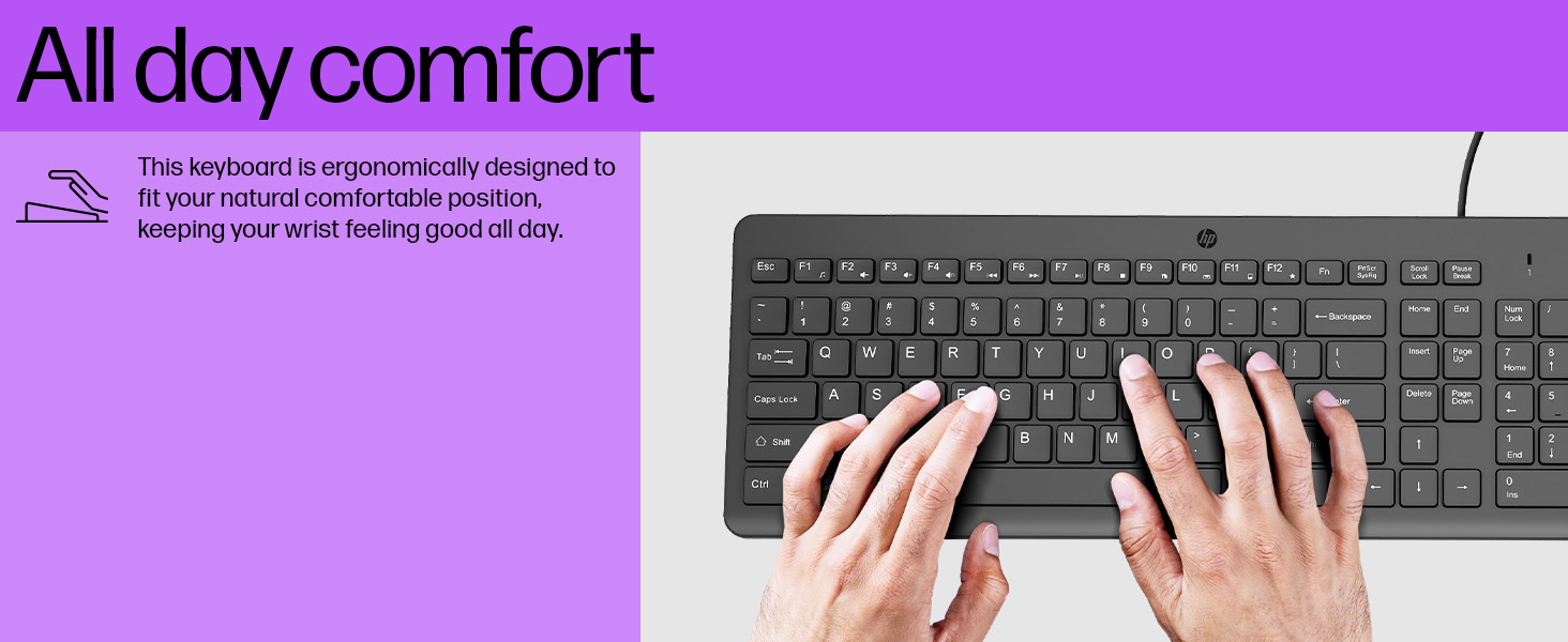 "Top view of the HP 150 Wired Keyboard displaying the full-size layout, function keys, and ergonomic design, ideal for comfortable long-term use."

