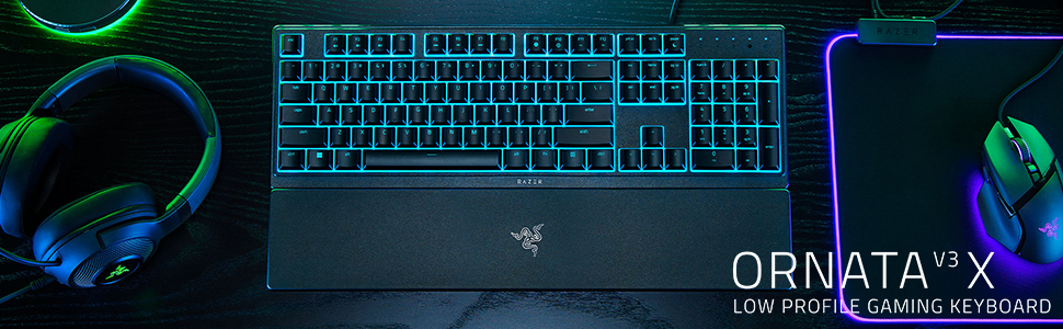  "Top view of the Razer Ornata V3 X Gaming Keyboard showcasing its low-profile keys and RGB lighting."