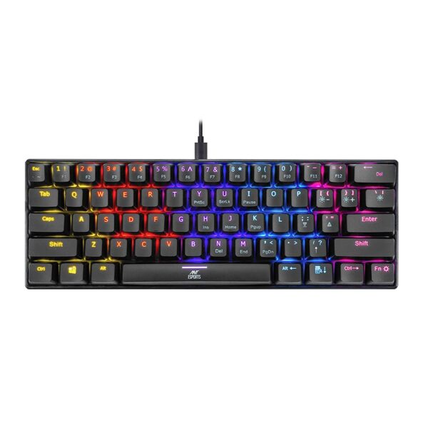 "Top view of the Ant Esports MK1200 Mini Wired Mechanical Gaming Keyboard showcasing its compact 60% layout and RGB backlit lighting."