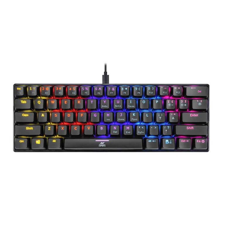 "Top view of the Ant Esports MK1200 Mini Wired Mechanical Gaming Keyboard showcasing its compact 60% layout and RGB backlit lighting."