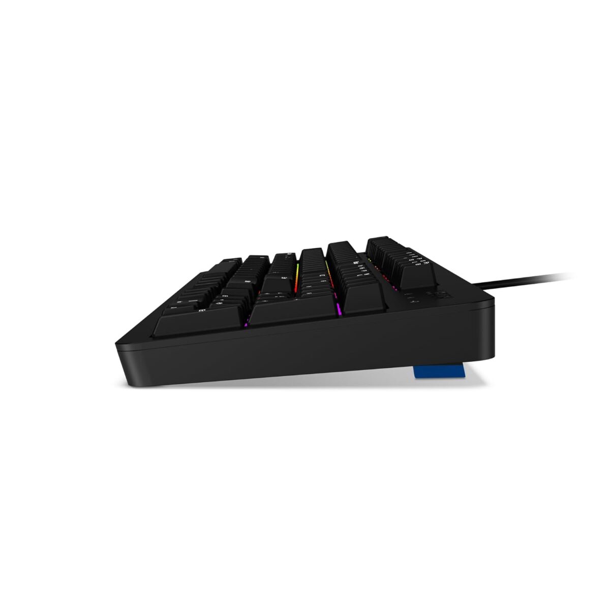 "Side view of the Lenovo Legion K310 Gaming Keyboard highlighting its slim design and durable build for up to 20 million keypresses."
