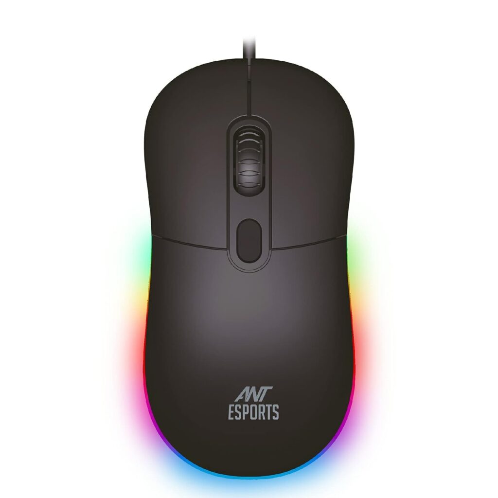 "Top view of theAnt Esports GM40 Wired Optical Gaming Mouse, showcasing its sleek design and RGB LED lighting."