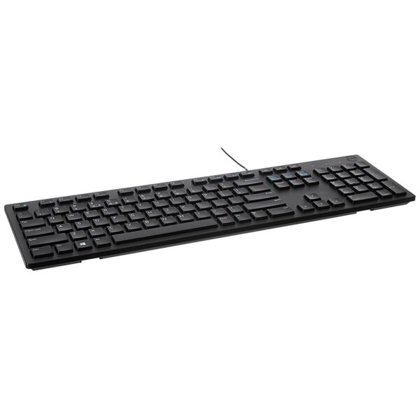"Top view of the Dell KB216 Wired Multimedia Keyboard showcasing its chiclet-style keys and multimedia hotkeys."
