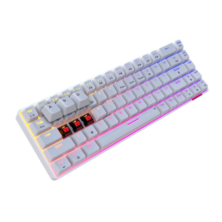 "Top view of the Portronics Hydra 10 Mechanical Wireless Gaming Keyboard showcasing its RGB lighting and sleek design."