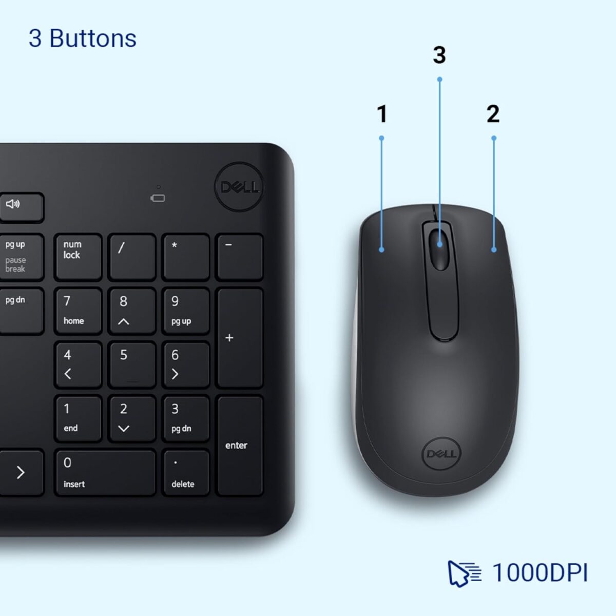Close-up of the Dell KM3322W Wireless Keyboard’s media keys, including volume control and playback options