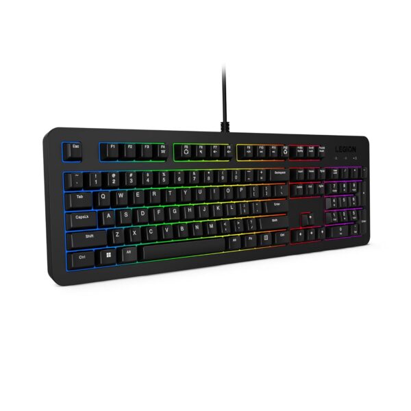 "Top view of the Lenovo Legion K310 RGB Gaming Keyboard showcasing its 5-zone programmable RGB lighting and full-size layout."