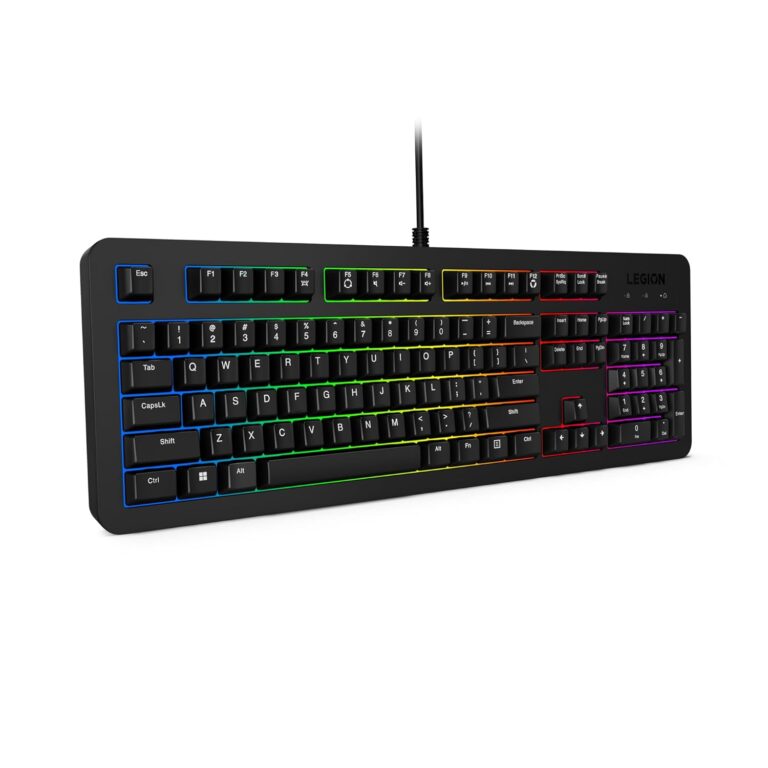 "Top view of the Lenovo Legion K310 RGB Gaming Keyboard showcasing its 5-zone programmable RGB lighting and full-size layout."