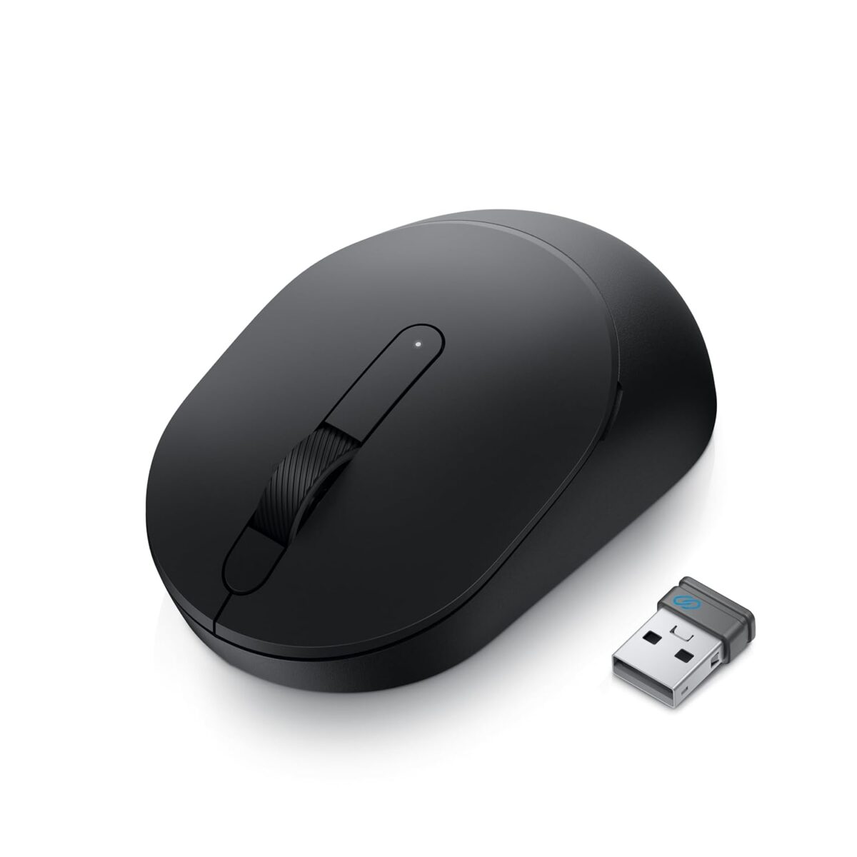 "Top view of the DELL MS3320W Wireless Mouse, showcasing its sleek and ergonomic black design with dual connectivity options."