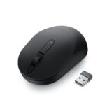 "Top view of the DELL MS3320W Wireless Mouse, showcasing its sleek and ergonomic black design with dual connectivity options."