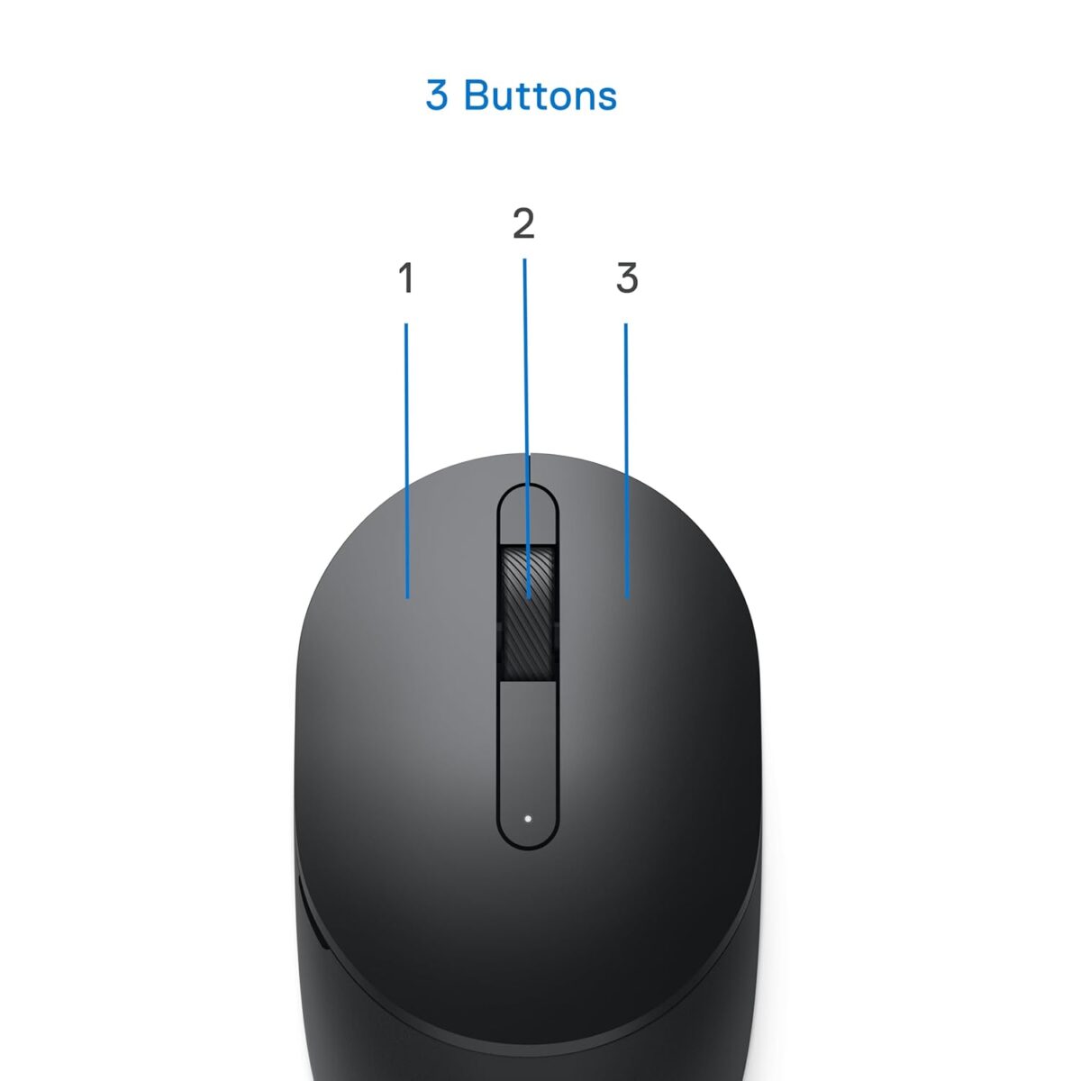 "View of the DELL MS3320W Wireless Mouse's dual connectivity options with USB RF receiver and Bluetooth technology."