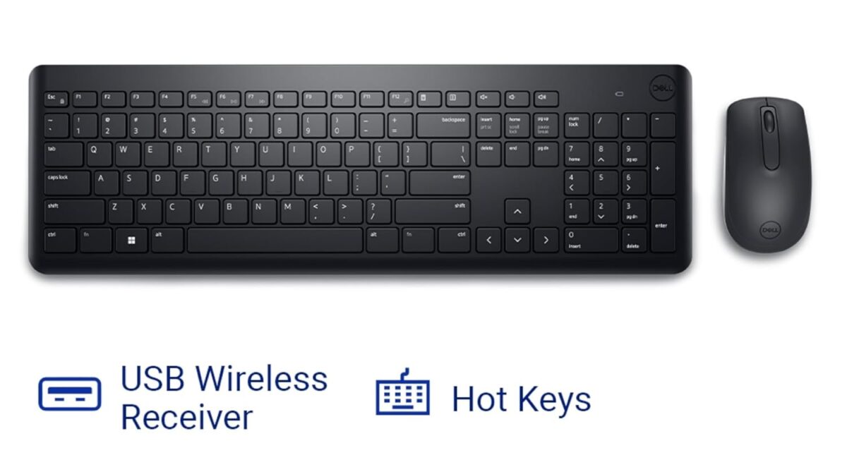 "Top view of the Dell KM3322W Wireless Keyboard and Mouse Combo, showcasing the full-size keyboard layout and ergonomic wireless mouse."
