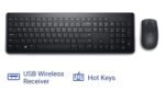 "Top view of the Dell KM3322W Wireless Keyboard and Mouse Combo, showcasing the full-size keyboard layout and ergonomic wireless mouse."