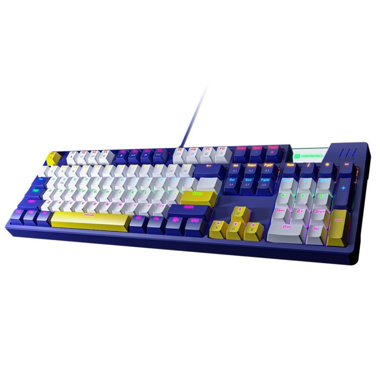 "Top view of the Portronics K1 Mechanical Gaming Keyboard showcasing its blue tactile switches and dynamic lighting."