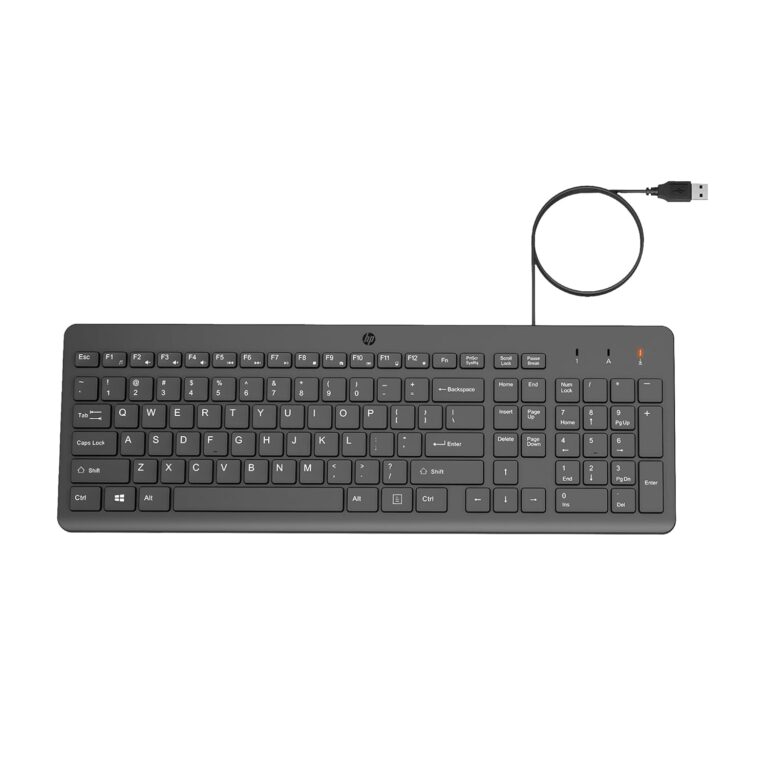 "Top view of the HP 150 Wired Keyboard displaying the full-size layout, function keys, and ergonomic design, ideal for comfortable long-term use."
