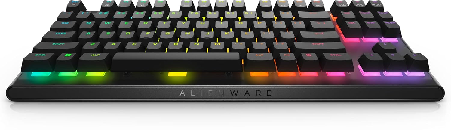  "Side view of the Alienware AW420K showcasing its adjustable height feet and slim profile."