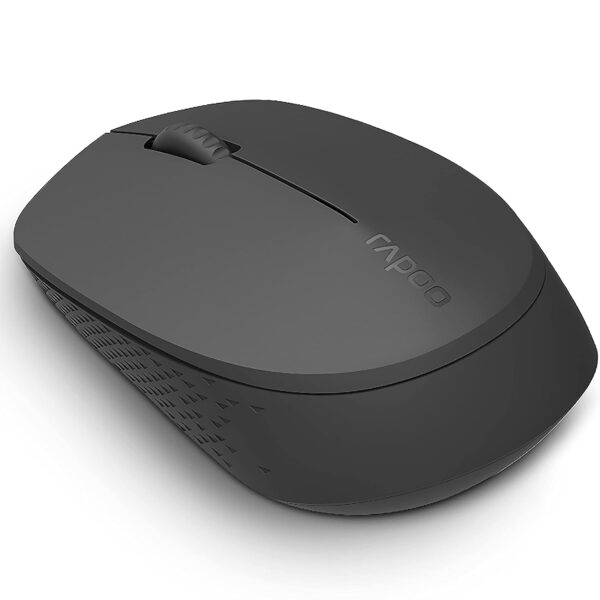 "Front view of the Rapoo M100 Ultra Silent Wireless Mouse in black, showcasing its sleek design and ergonomic shape."