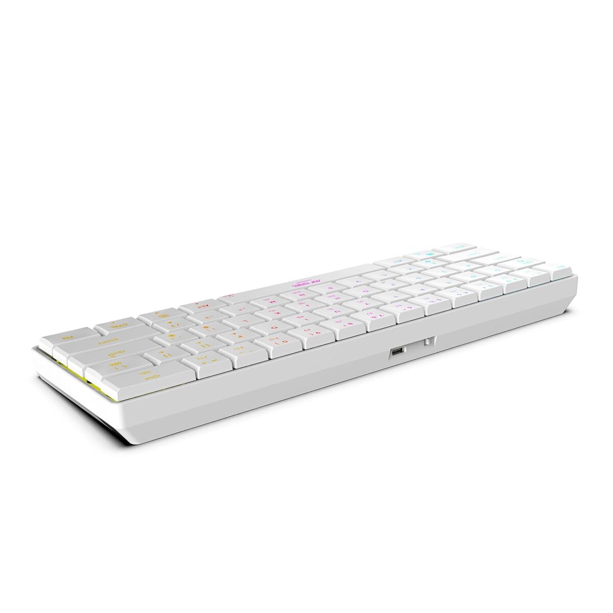 "Close-up of the RGB backlighting on the Ant Esports MK1500 Mini Keyboard, demonstrating vibrant color options."