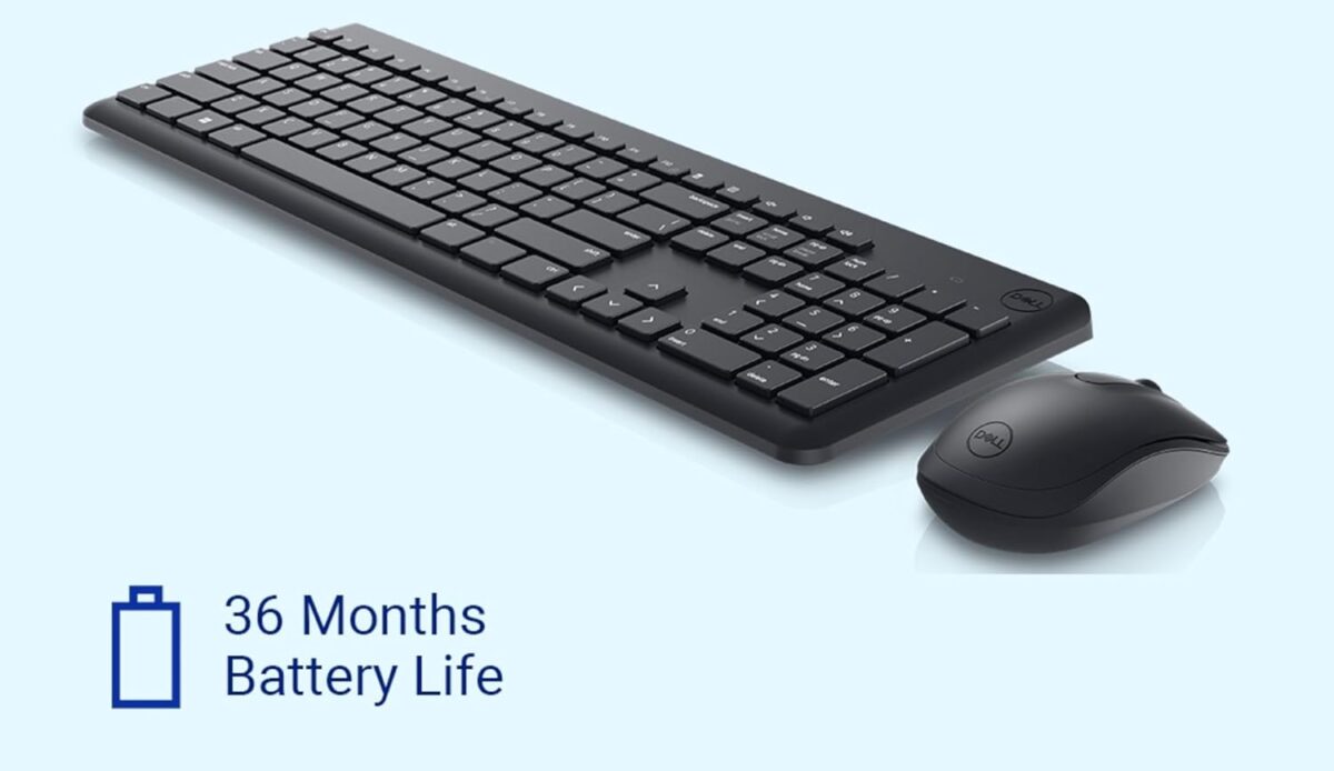 "Side profile of the Dell KM3322W Wireless Keyboard emphasizing its slim design and ergonomic key placement.