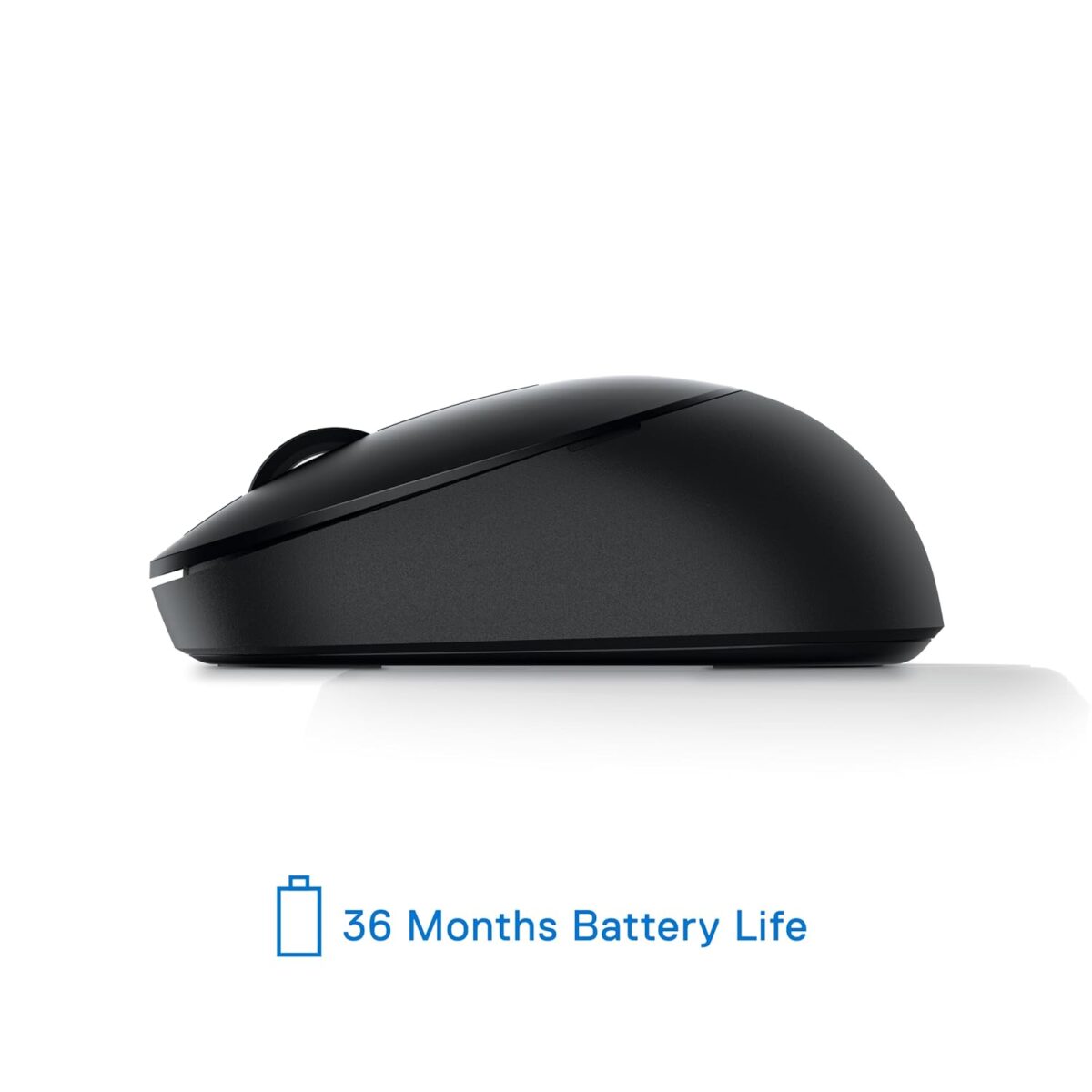 "Side view of the DELL MS3320W Wireless Mouse, highlighting its compact and comfortable design for extended use."