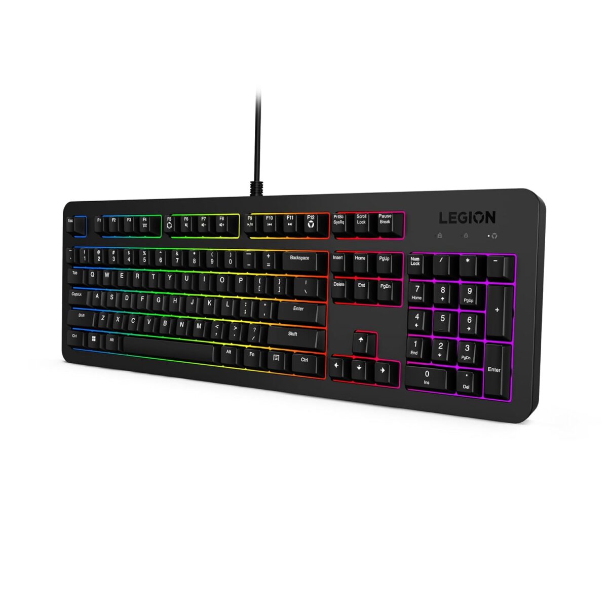 "Close-up of the vibrant 5-zone RGB lighting on the Lenovo Legion K310 Keyboard with 16.8 million colors for a customizable gaming experience."
