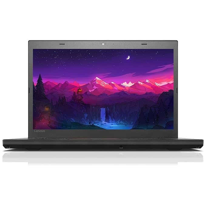 "Front view of the renewed Lenovo ThinkPad L460 with its 14-inch display and sleek black design."