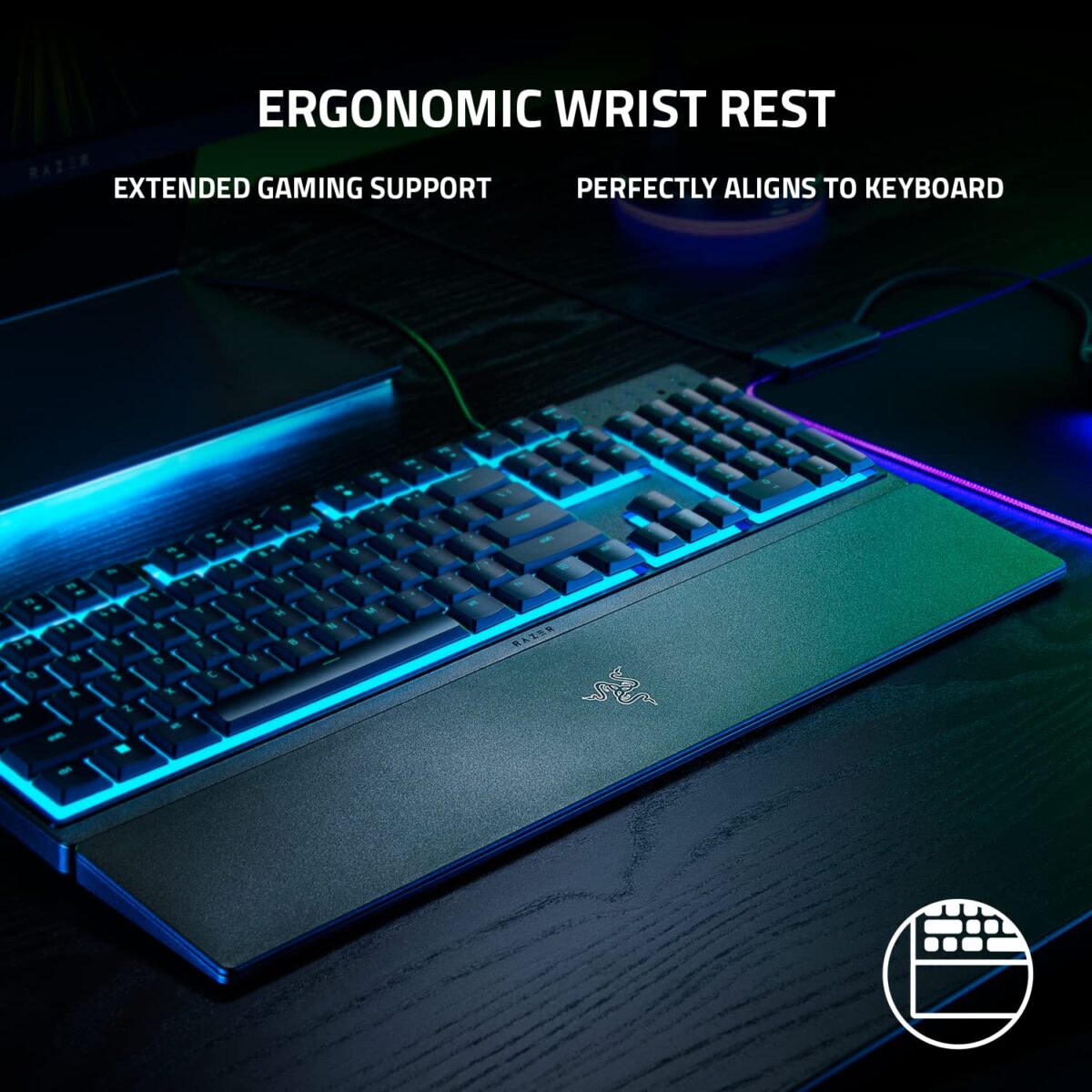 Close-up of the detachable ergonomic wrist rest on the Razer Ornata V3 X, offering enhanced comfort during use."