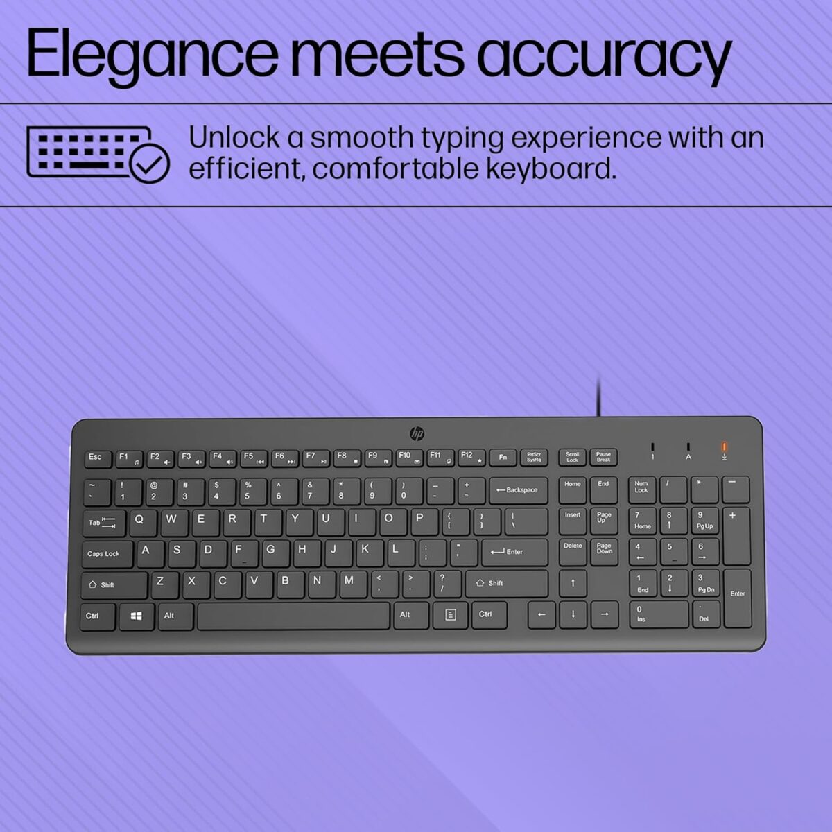 "Close-up of the LED indicator lights on the HP 150 Wired Keyboard, showing caps lock and num lock status for better user awareness."