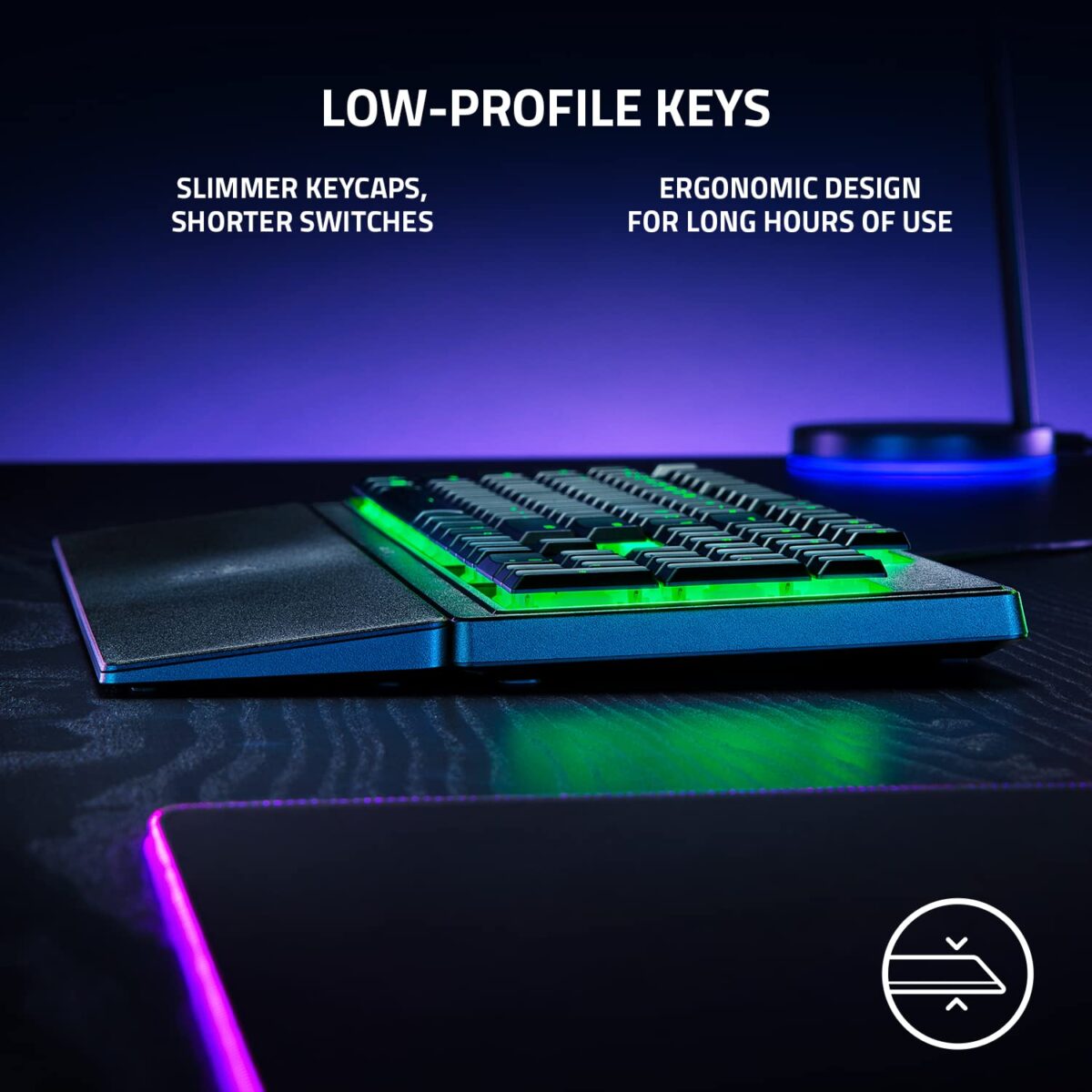 "Side view of the Razer Ornata V3 X highlighting its ergonomic wrist rest and sleek design."