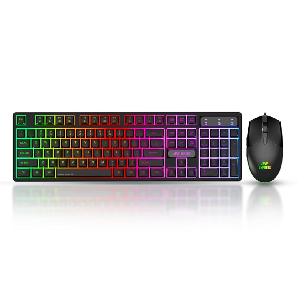 Ant Esports KM1600 Gaming Keyboard and Mouse Combo set up in a gaming station, with LED backlit keys and ergonomic mouse.