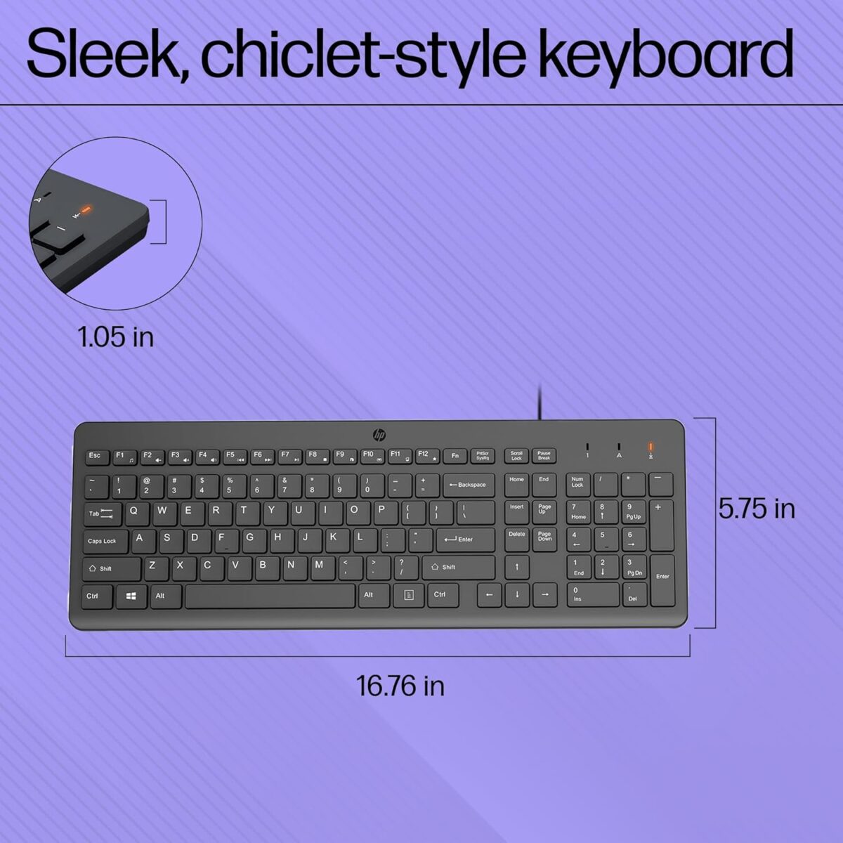 "Side view of the HP 150 Wired Keyboard showcasing its slim and sleek profile, designed to reduce strain and enhance typing comfort."