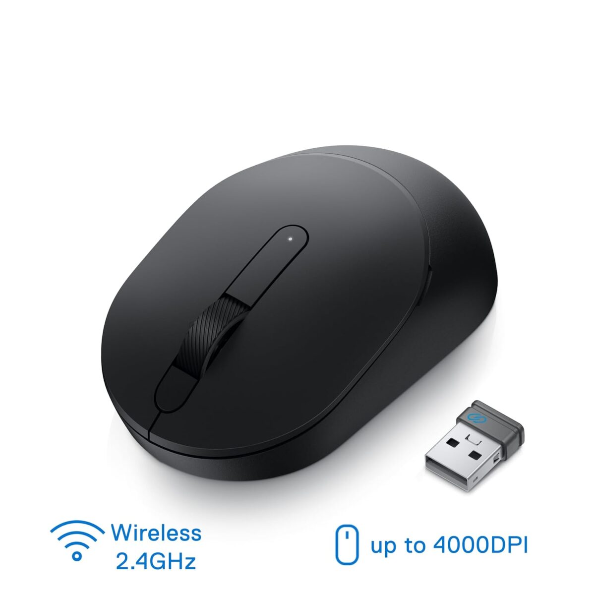 "View of the DELL MS3320W Wireless Mouse's dual connectivity options with USB RF receiver and Bluetooth technology."