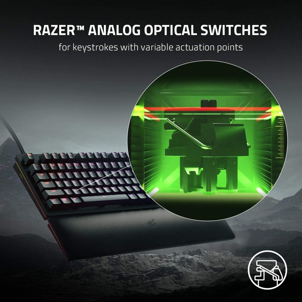"Close-up of the clicky purple switches on the Razer Huntsman V2 Keyboard, emphasizing their tactile feedback."