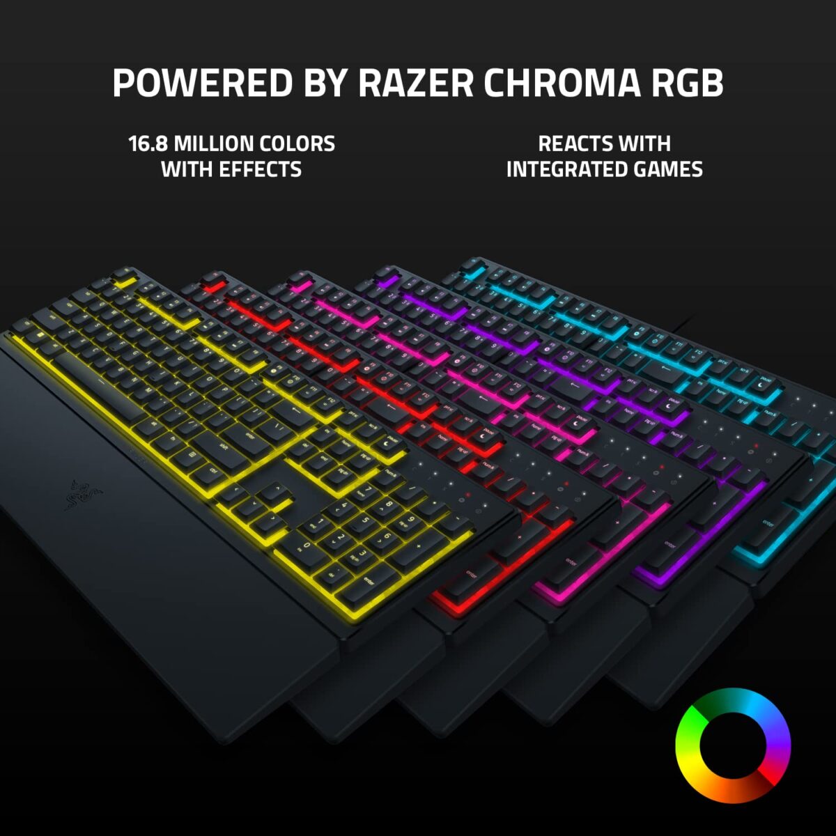 "Display of customizable Chroma RGB lighting effects on the Razer Ornata V3 X Gaming Keyboard."