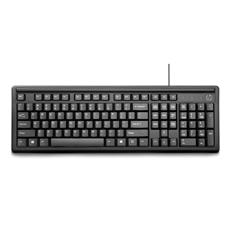 "Top view of the HP 100 Wired USB Keyboard showcasing its full-size layout and function keys."
