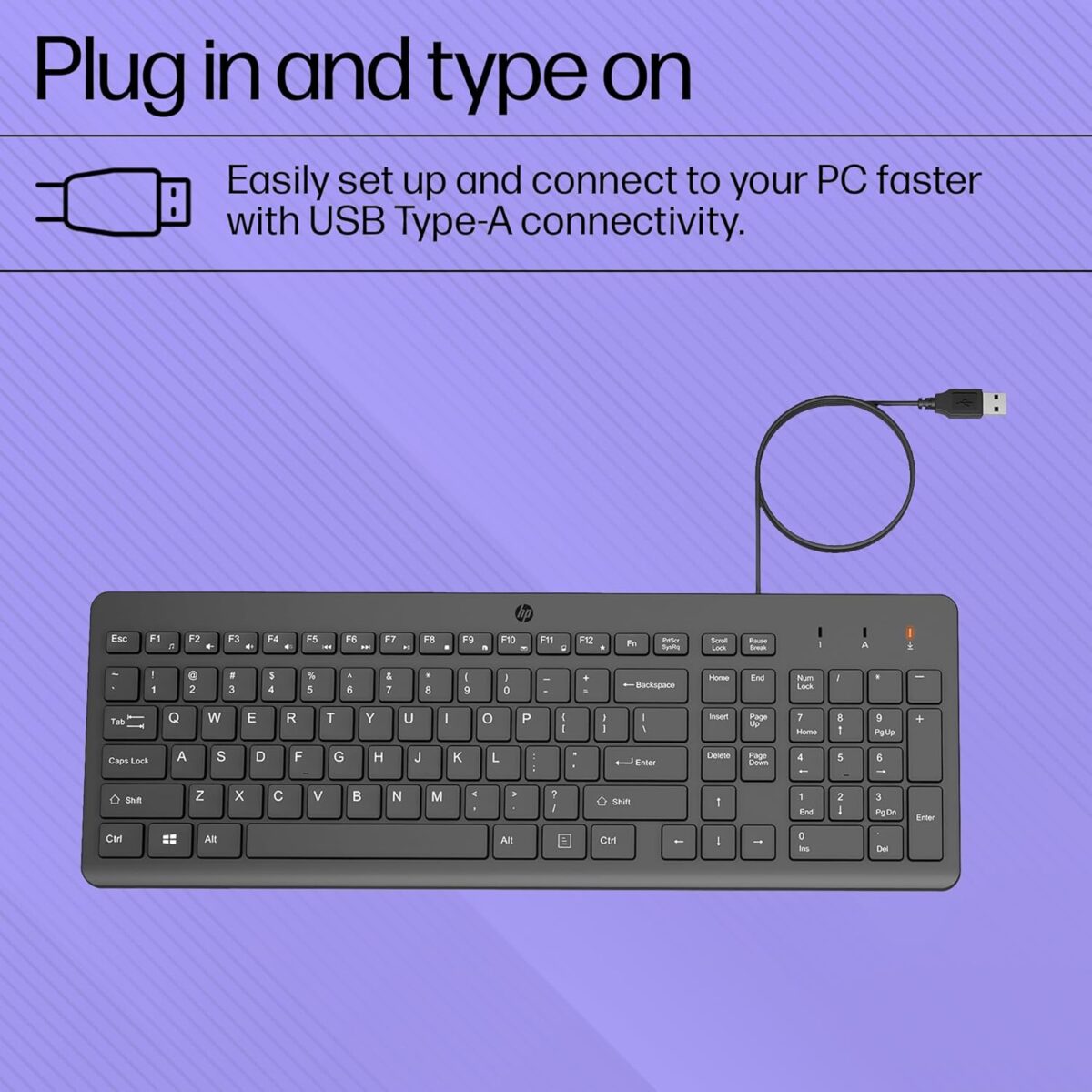 "Close-up of the ergonomic shape of the HP 150 Wired Keyboard, designed for comfortable typing during extended work sessions."