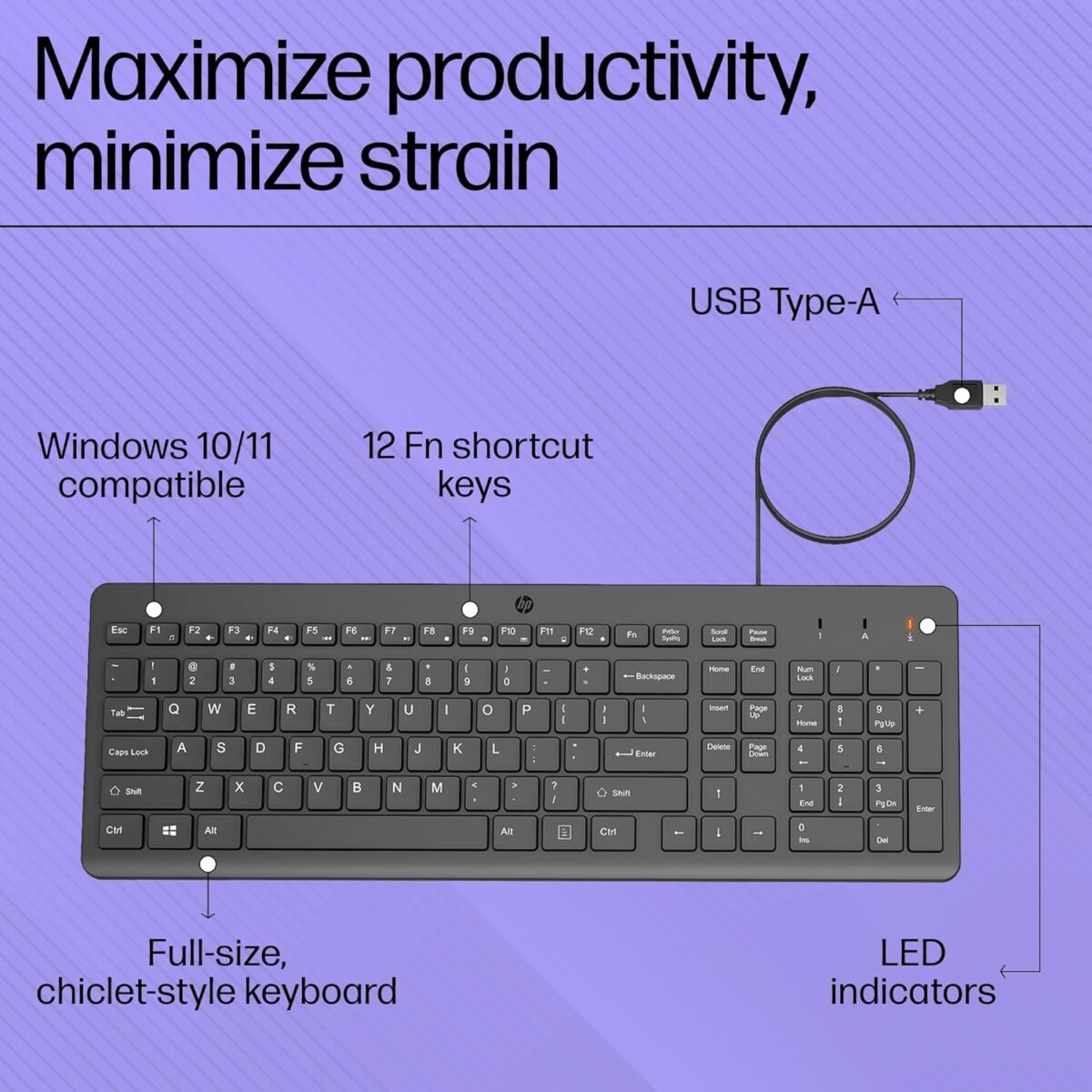 "Top view of the function keys on the HP 150 Wired Keyboard, providing easy control over volume, media playback, and more."