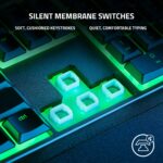 "Close-up of the low-profile silent membrane switches on the Razer Ornata V3 X, emphasizing their smooth actuation."