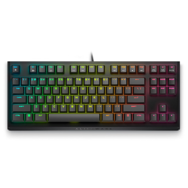 "Top view of the Alienware AW420K Tenkeyless Mechanical Gaming Keyboard showing its compact layout and RGB lighting."