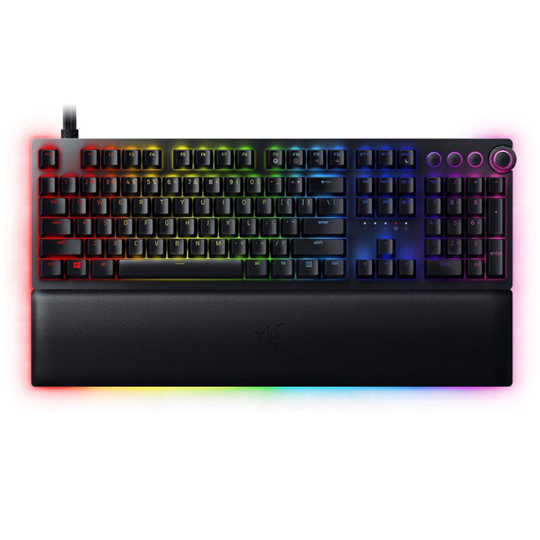 "Top view of the Razer Huntsman V2 Optical Gaming Keyboard showcasing its clicky purple switches and RGB lighting."