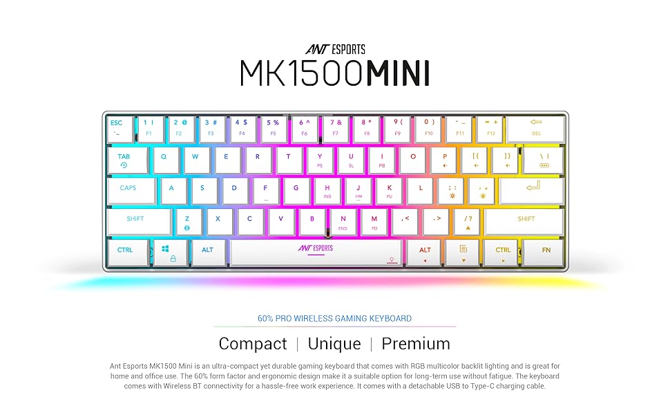  "Top view of the Ant Esports MK1500 Mini Keyboard RGB Wireless Gaming Keyboard showcasing its compact layout and RGB lighting."

