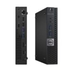 Side angle of the DELL OPTIPLEX 3040 Tiny Desktop highlighting its sleek and durable construction and Close-up of the rear panel on the DELL OPTIPLEX 3040 Tiny Desktop with USB and HDMI ports.