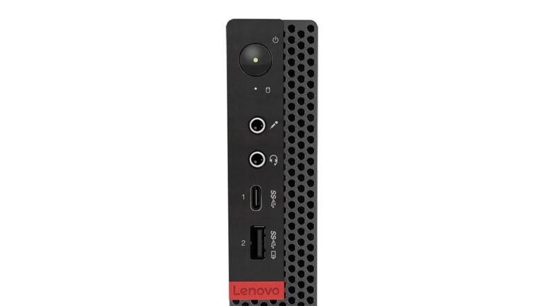 "Front view of Lenovo ThinkCentre Desktop Mini PC showcasing its compact design."