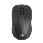"Top view of HP S500 Wireless Mouse highlighting its smooth, black finish and three-button layout."