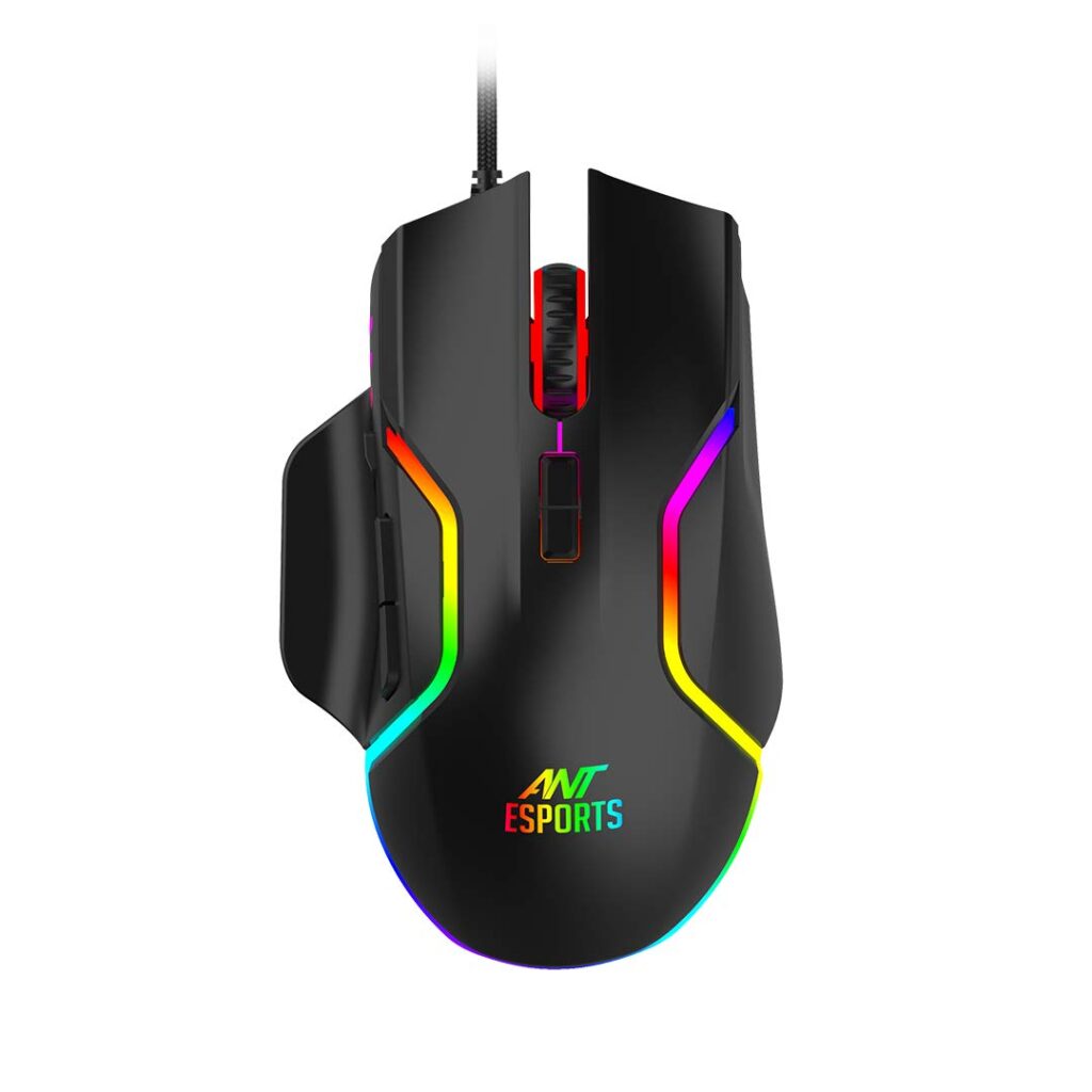 "Top view of the Ant Esports GM320 RGB Wired Gaming Mouse showing 8 programmable buttons and ergonomic design."