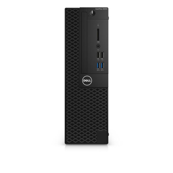 "Front view of Dell OptiPlex 3050 Desktop showcasing its sleek design and ports."