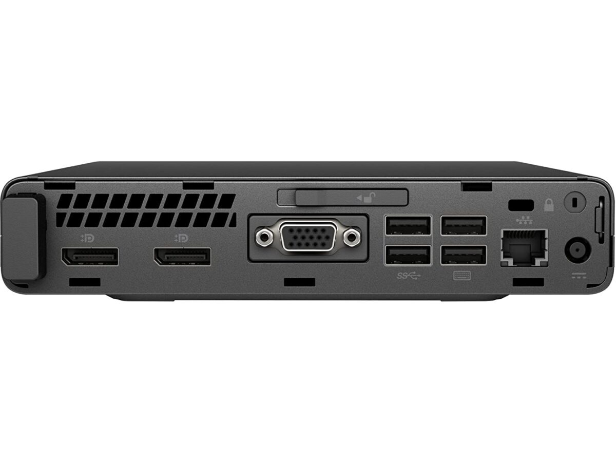"Close-up of the back panel on the HP 800 G3 Tiny Desktop, featuring Ethernet, USB, and power connections."