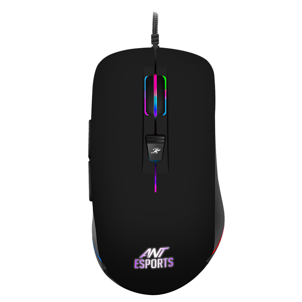 "Front view of the Ant Esports GM100 Gaming Mouse with RGB lighting and 4800 DPI optical sensor."