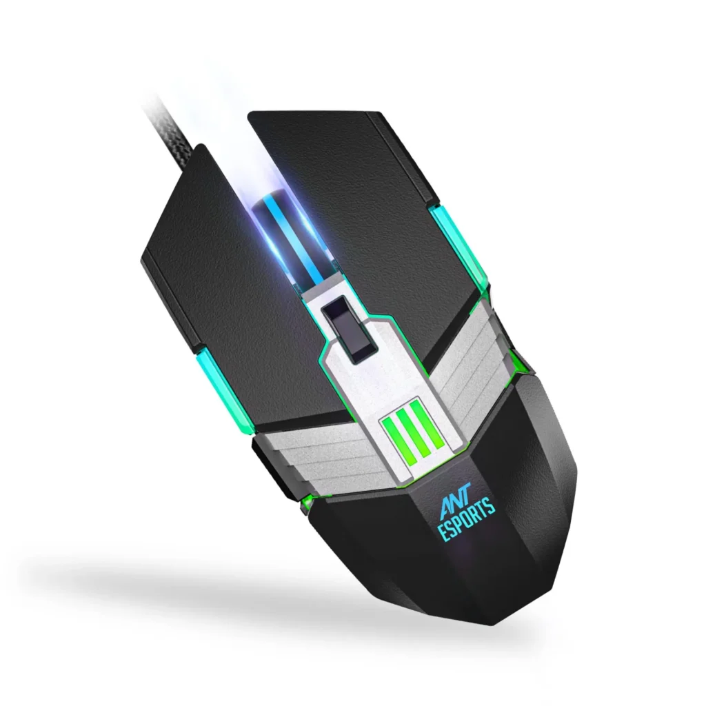 "Front view of the Ant Esports GM90 Gaming Mouse with RGB lighting and 6 programmable buttons."